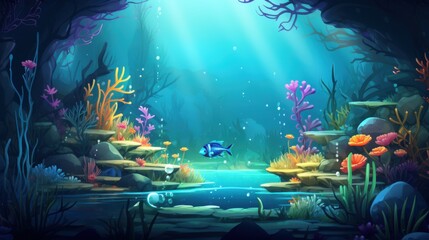 Fototapeta premium A vibrant underwater scene with a single fish swimming through a coral reef and rocky terrain