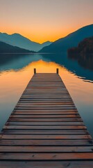 Empty dock overlooking stunning lake with golden hues image