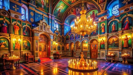 Obraz premium Beautiful Orthodox Christian Church Interior with Iconostasis, Candles, and Colorful Stained Glass