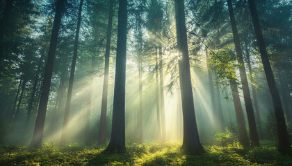 Fototapeta premium Tall, misty trees with sunlight streaming through the branches, creating a magical and mysterious forest atmosphere