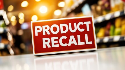 Recalled product labeled with the words "PRODUCT RECALL" prominently displayed,a blurred supermarket background.food recall,consumer protection,consumer rights,Security Alerts.