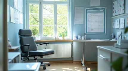 A bright and organized office space with a chair and a desk, ideal for consultations.