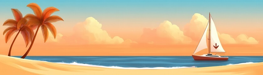 Sailboat on tranquil beach, sunset scenery