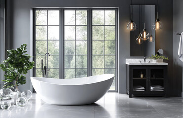 Fototapeta premium A modern bathroom with gray walls, white marble tiles on the floor and wall, an oval freestanding bathtub in front of large windows. The room is illuminated by pendant lights hanging from above