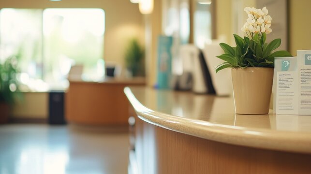 A bright reception area with a plant and informational brochures on a counter.
