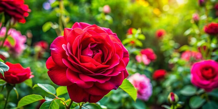 Beautiful Ruby Rose Blooming in a Garden Setting with Lush Green Leaves and Soft Natural Light