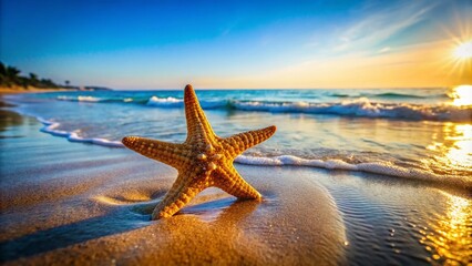 Beautiful starfish resting on a sandy beach with gentle waves and clear blue sky in the background