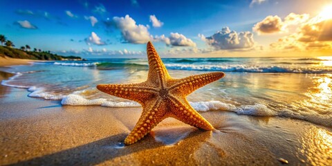 Fototapeta na wymiar Beautiful starfish resting on sandy beach during a sunny day, showcasing nature's marine life wonders