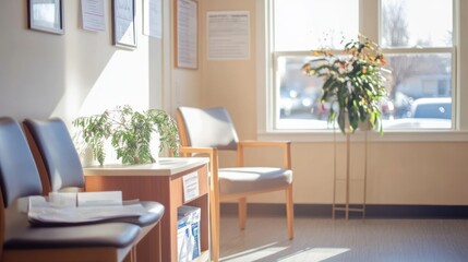 Fototapeta premium A bright waiting room with chairs, plants, and a window, creating a calm atmosphere.