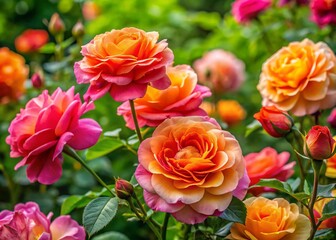 Fototapeta premium Beautiful Tantau Roses in Bloom, Showcasing Vibrant Colors and Lush Green Foliage in Garden