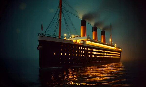 The Titanic sailing through the night with its lights on.