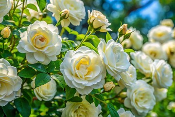 Obraz premium Beautiful White Rose Bush in Full Bloom Surrounded by Lush Green Foliage in Natural Light