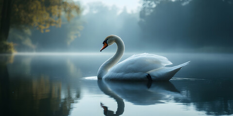 Swan floating on calm lake