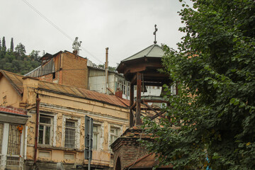 Beautiful architecture in the historical district of Tbilisi Georgia, cloudy sky with copy space for text