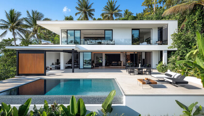 Fototapeta premium A modern two-story villa with white walls and black accents, set in the middle of an idyllic tropical landscape featuring lush greenery and palm trees