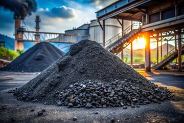 Black Coal Pile on Ground with Dust Particles and Rough Texture in Industrial Environment