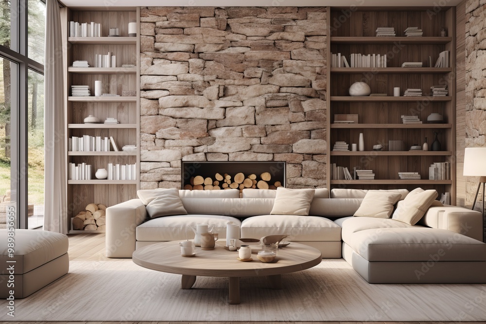 Wall mural cozy modern living room with a stone wall and large windows in a serene setting