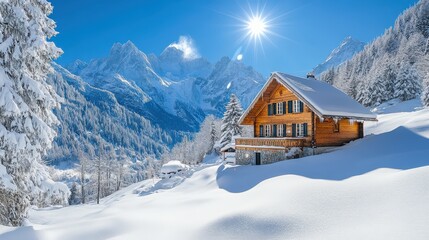 Charming snowy chalet with sunlit mountain backdrop