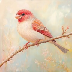 A small bird with a red beak and white feathers is perched on a branch