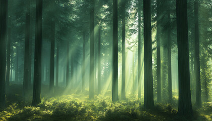 Fototapeta premium Tall, misty trees with sunlight streaming through the branches, creating a magical and mysterious forest atmosphere