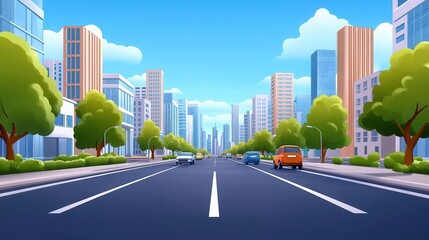 Urban city street with trees and buildings