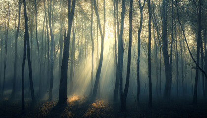 Fototapeta premium Tall, misty trees with sunlight streaming through the branches, creating a magical and mysterious forest atmosphere
