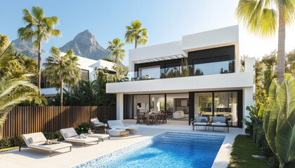 Fototapeta premium A modern two-story villa with white walls and black accents, set in the middle of an idyllic tropical landscape featuring lush greenery and palm trees