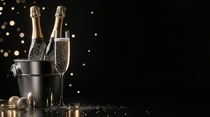 glasses of champagne with a champagne bottle in a bucket on black background