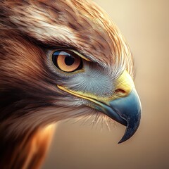 A close up of a bird's face with a yellow beak and a brown body