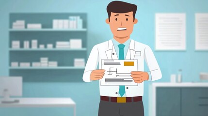 A cartoon character in a lab coat holds a document, likely in a healthcare setting.