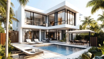 Fototapeta premium A modern two-story villa with white walls and black accents, set in the middle of an idyllic tropical landscape featuring lush greenery and palm trees