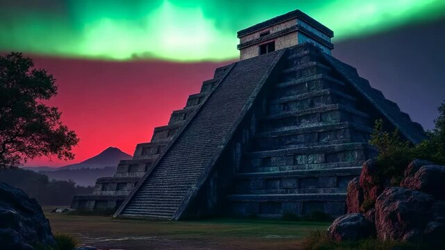 Majestic stepped pyramid silhouetted against blood-red sky. Vibrant aurora borealis dances overhead, casting ethereal green glow. Misty valley stretches into distance under celestial spectacle. 