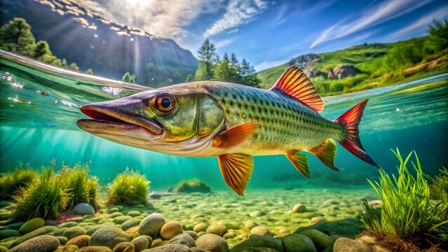 Captivating Close-Up of a Brochet Fish Swimming Gracefully in Clear Freshwater Environment