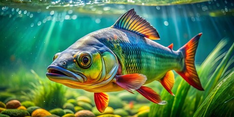 Naklejka premium Captivating Perana Fish Swimming Gracefully in Crystal Clear Water of a Natural Aquatic Habitat