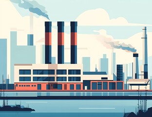 Flat vector illustration of an industrial building with smokestacks and a warehouse on a city background, in a flat design style with simple shapes