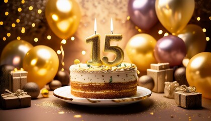 number 15 candle on a twenty eit year birthday or anniversary cake celebration with balloons