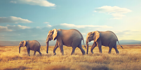 Family of Elephants Walking in Savanna