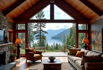 Obraz premium Mountain View Luxury Adirondack Lake House Interior Design