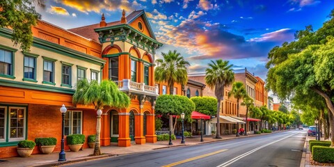 Obraz premium Charming Historic Downtown Orange Streetscape with Vintage Architecture and Lush Greenery in California