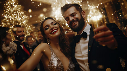 Beautiful young couple in formalwear holding champagne and celebrating Christmas or New Year