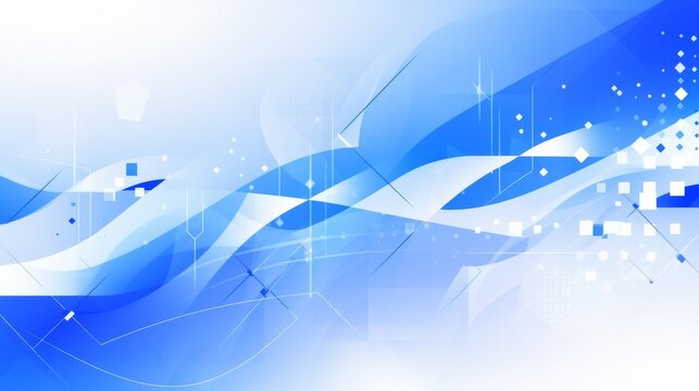 Modern blue and white background featuring vector illustrations of geometric shapes with straight lines in varying blue shades，ideal for covers of presentations or brochures on tech themes. 