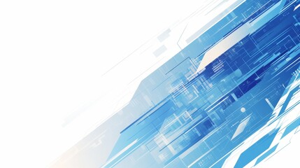 Modern blue and white background featuring vector illustrations of geometric shapes with straight lines in varying blue shades，ideal for covers of presentations or brochures on tech themes. 