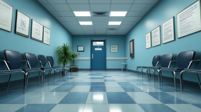 A clean and organized waiting room with chairs and informational posters on the walls.