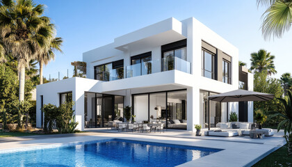 Fototapeta premium A modern two-story villa with white walls and black accents, set in the middle of an idyllic tropical landscape featuring lush greenery and palm trees