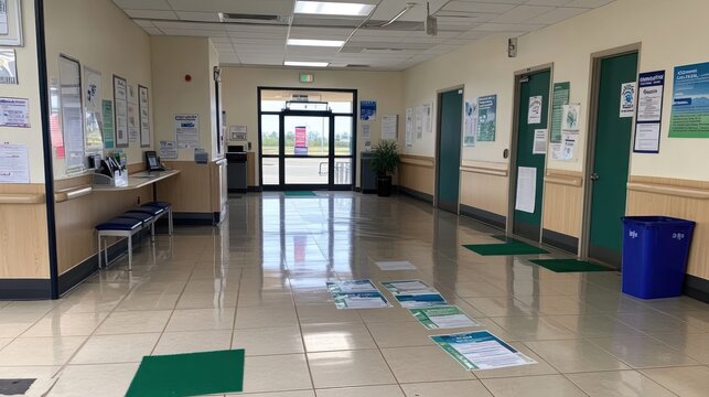 A clean hallway with doors, seating, and informational posters.