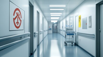 A clean hospital corridor with medical equipment and safety signage.