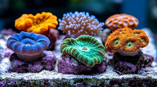 A vibrant display of colorful coral polyps blooming in a saltwater aquarium