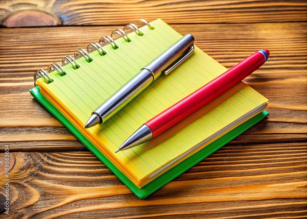 Poster close-up of an open notepad with handwritten notes and a pen on a wooden desk background