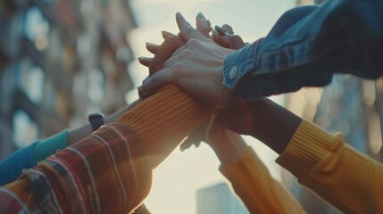 A multi-racial group stands together, holding hands, symbolizing unity that transcends racial boundaries. These linked hands convey harmony and support among different races.