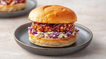 A close-up of a BBQ chicken sandwich with a crispy bun, tangy barbecue sauce, and crunchy coleslaw served on a ceramic plate.